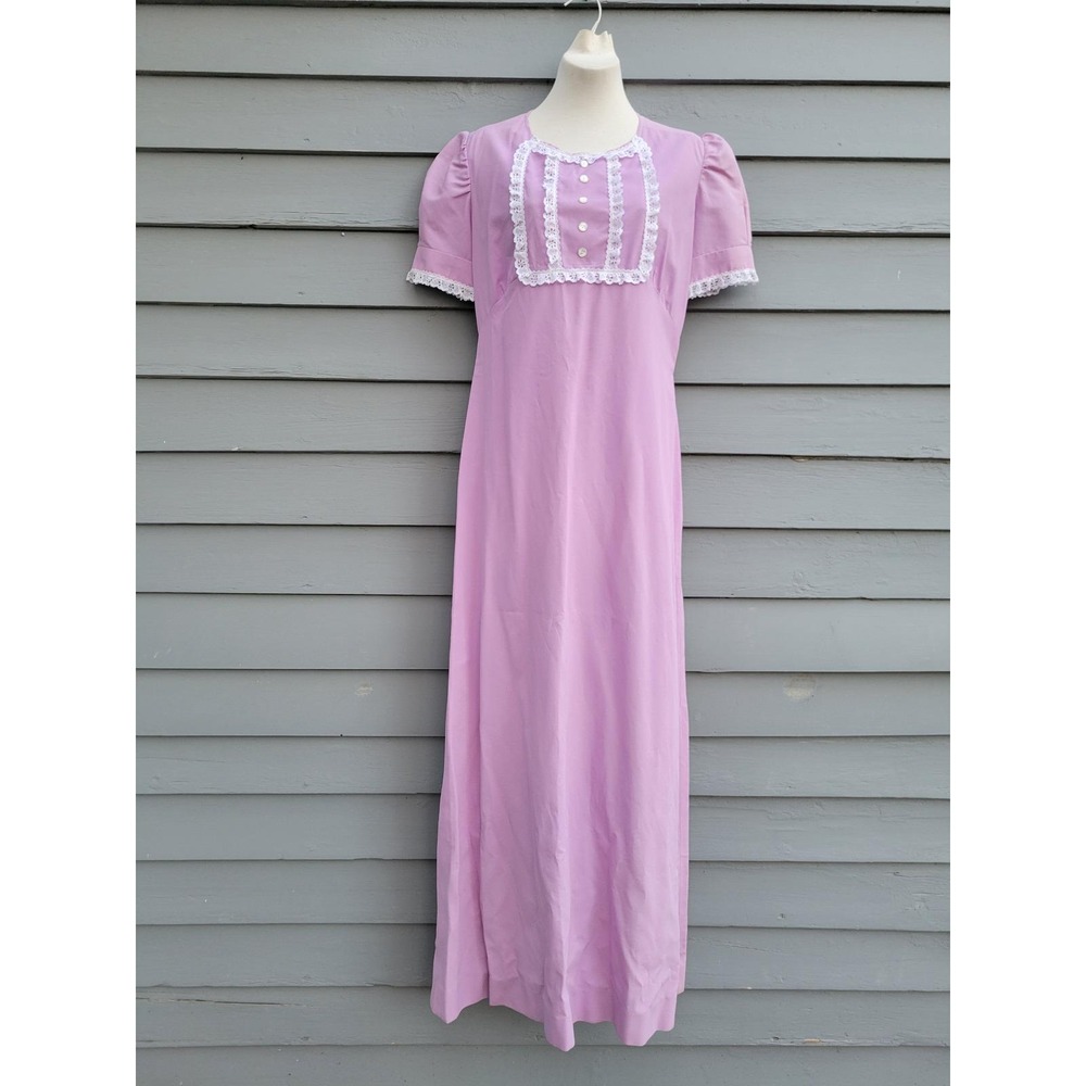 Vintage Handmade 70s‎ Maxi Dress Lilac Lace Trim Puff Sleeve Prairie Cottage Med